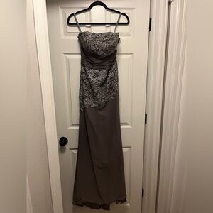 Grey wedding guest dress, shawl and adjustable straps. Full length.